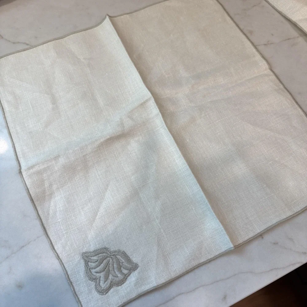 6 Vintage Linen Napkins Tone on Tone Embroidered Floral Tulip Farmhouse table